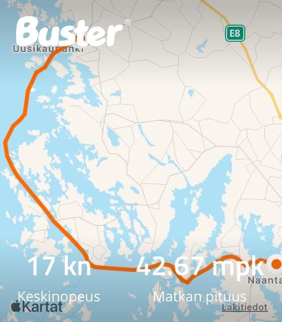 Navigointiapuna Buster Q. Kuvissa viimeisen päivän matkat Turusta Naantalin kautta kotisatamaan Raumalle.