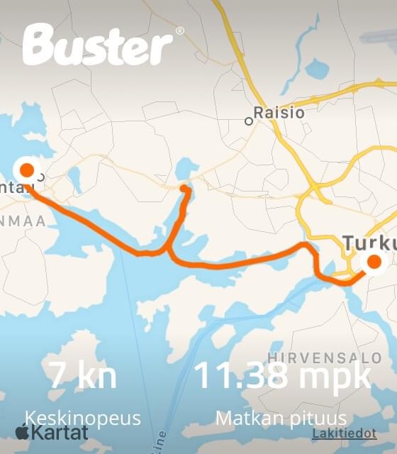Navigointia helpotti Buster Q. Kuvissa viimeisen päivän legit Turusta Naantalin kautta Raumalle