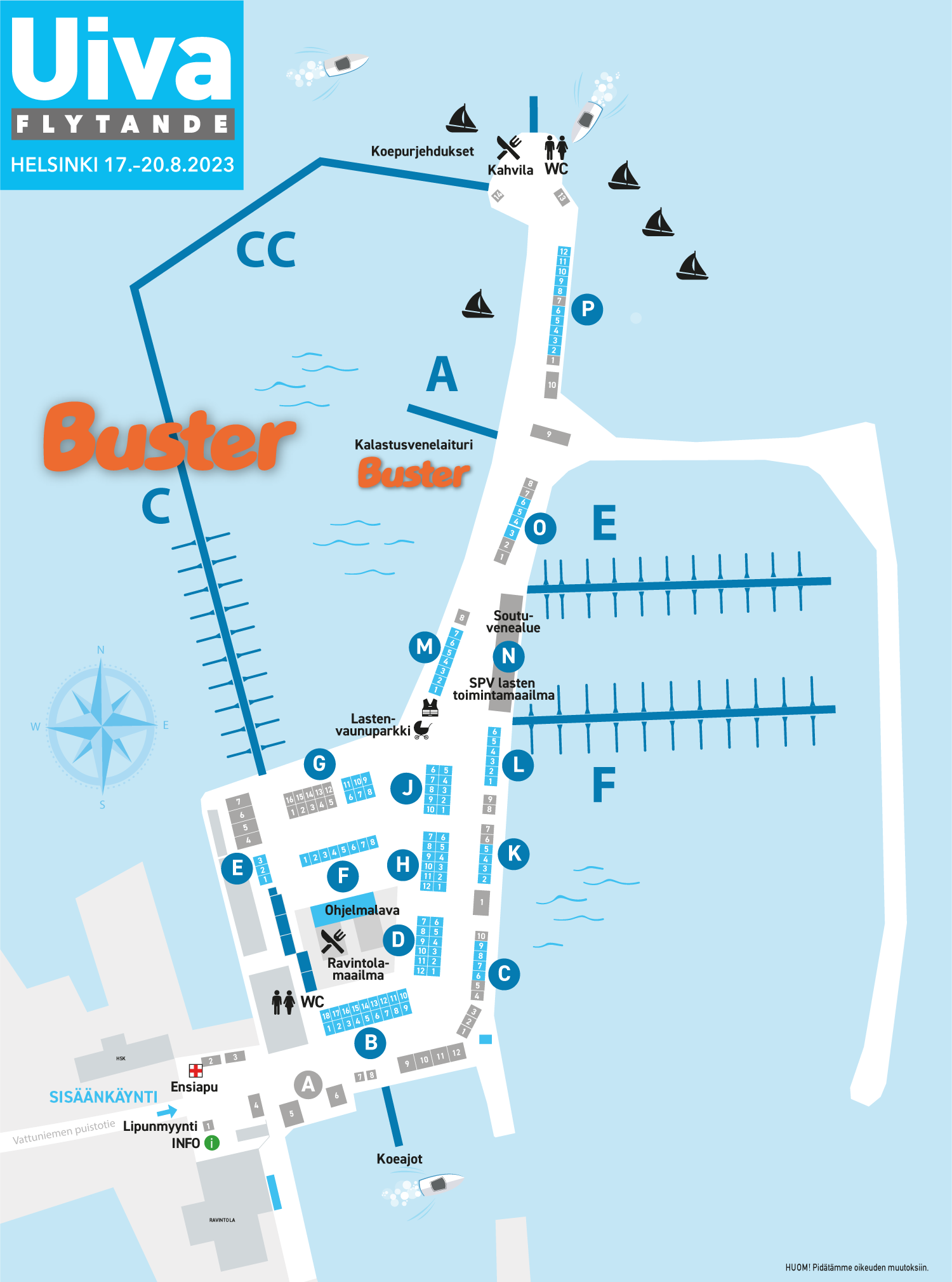 Kartta: Buster-alumiiniveneet Helsingin Uivassa venenäyttelyssä 2023
