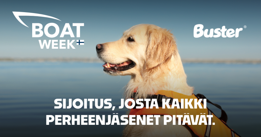 Kultainen noutaja katsoo vasemmalle järvitaustan edessä. Vasemmassa yläkulmassa on Boat Week Suomi -logo, oikeassa yläkulmassa Busterin logo. Alareunassa lukee "Sijoitus, josta kaikki perheenjäsenet pitävät."