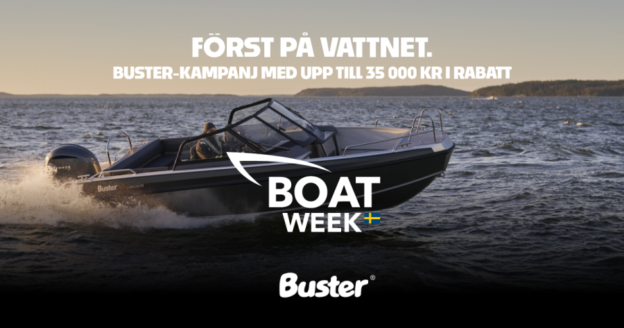 Buster SuperMagnum i solnedgången. Texten på bilden: Först på vattnet. Buster-kampanj med upp till 35 000 kr i rabatt. I mitten syns Boat Week Sverige-logotypen och nedanför den syns Buster-logotypen.