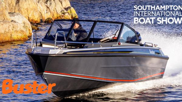 Buster XXL VMAX coming towards the camera with Buster and Southampton Boat Show logos