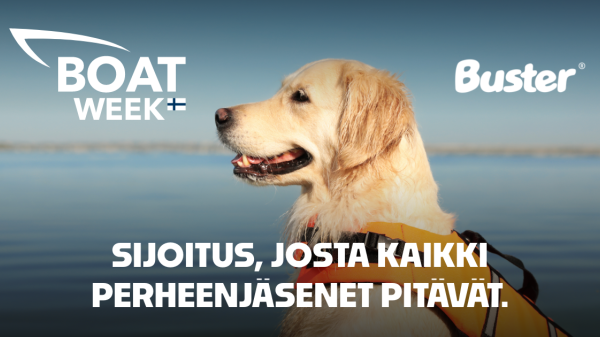 Kultainen noutaja katsoo vasemmalle järvitaustan edessä. Vasemmassa yläkulmassa on Boat Week Suomi -logo, oikeassa yläkulmassa Busterin logo. Alareunassa lukee "Sijoitus, josta kaikki perheenjäsenet pitävät."