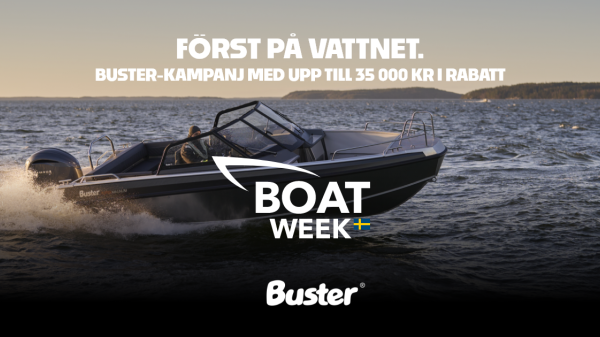 Buster SuperMagnum i solnedgången. Texten på bilden: Först på vattnet. Buster-kampanj med upp till 35 000 kr i rabatt. I mitten syns Boat Week Sverige-logotypen och nedanför den syns Buster-logotypen.