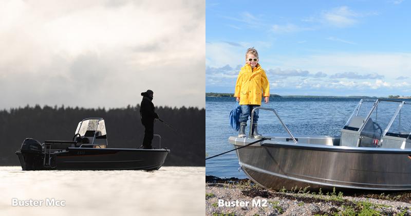 Buster Mcc ja kalastaja vasemmalla, pieni poika keltaisessa sadetakissa Buster M2 -veneen keulassa. 