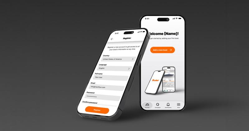 Two phone screens on a gray background. One screen shows the Buster App menu, and the other shows the boat pairing start page.
